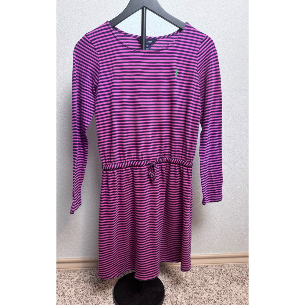 Ralph Lauren Girls XL 16 Pink Navy Striped Long Sleeve Cotton Jersey Dress Pony